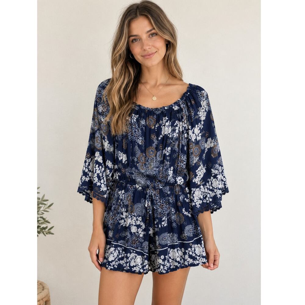 Angie Boho Romper Women's Size Small Blue Floral Bell Sleeve Drawstring Waist